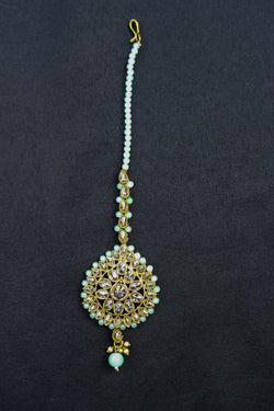 Kundan gold with pale green pearls oval shape big tikka