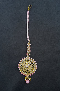 Kundan gold with pink pearls round shape big tikka