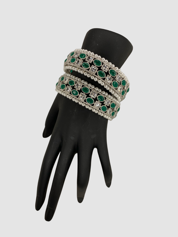 Silver White and Emerald Green with Pearls Kada