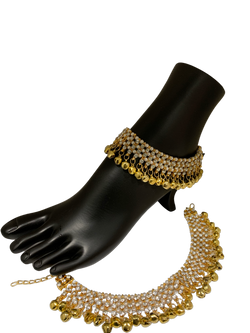 Antique Gold Plated Ghungroo Payal with White Stones