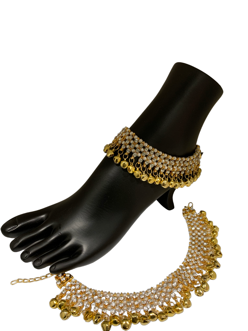 Antique Gold Plated Ghungroo Payal with White Stones